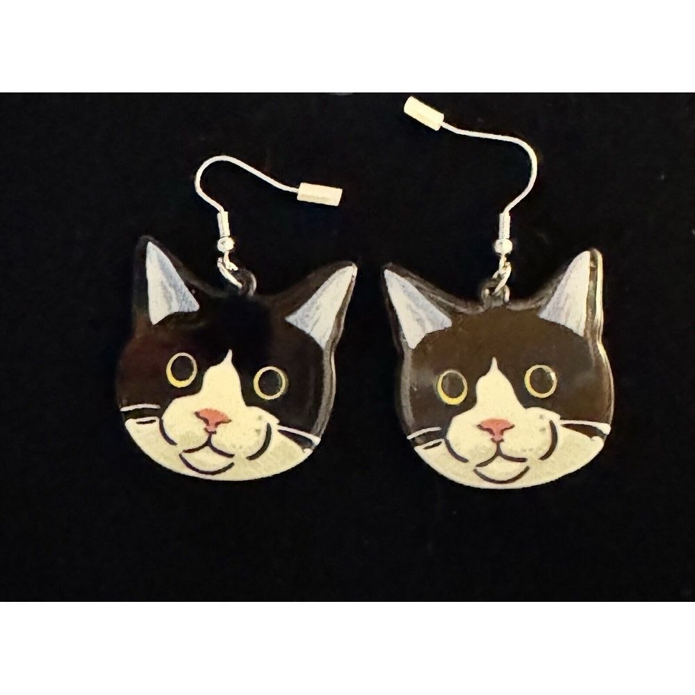 Cat Earrings, Cute Black Enamel Kitty Dangles‎ Tuxedo Cat NWT